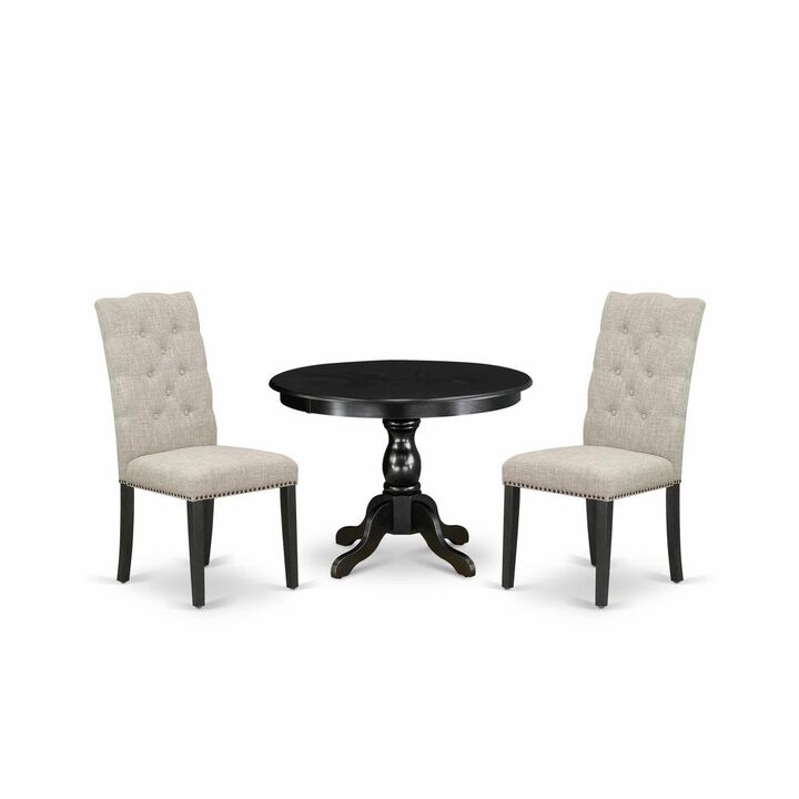 East West Furniture HBEL3-ABK-35 3 Piece Kitchen Table Set - Black Dinner Table and 2 Doeskin Linen Fabric Dining Chairs Button Tufted Back with Nail Heads - Wire Brushed Black Finish