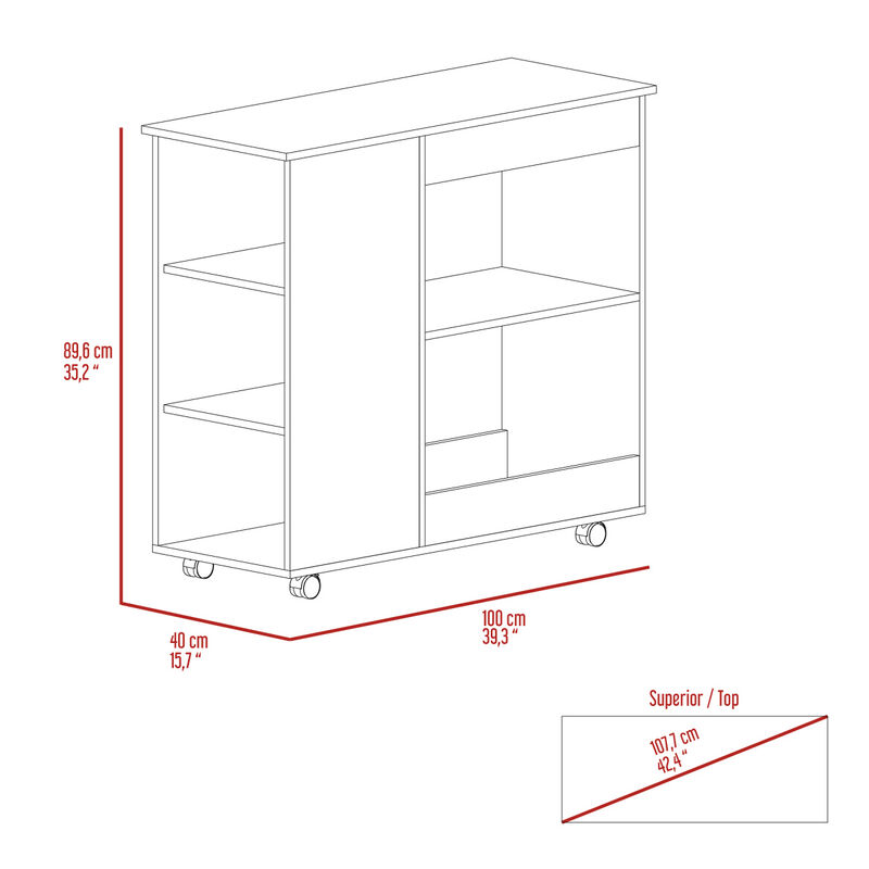 Nigella Kitchen Cart, Two Storage Shelves, Four Casters, Three Side Shelves -White / Dark Brown