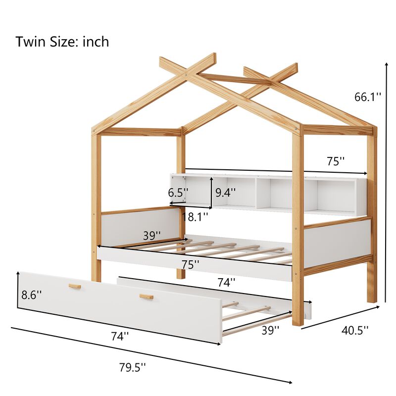 Merax win House-Shaped Kids Bed with Pull-Out Trundle, 4 Built-In Bookshelves image number 6