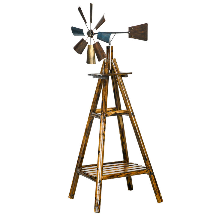 Outsunny Windmill Weathervane with Bottom Shelf, Freestanding Weather Vane with Windmill Head, Stained Wood