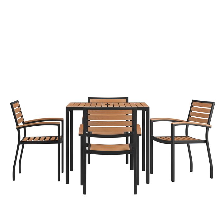 Flash Furniture 5 Piece Outdoor Dining Table Set - Synthetic Teak Poly Slats - 35" Square Steel Framed Table with Umbrella Holder Hole - 4 Stackable Club Chairs