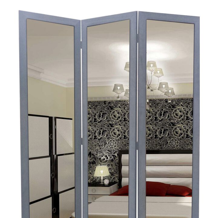 3 Panel Wooden Foldable Mirror Encasing Room Divider,Light Gray and Silver - Benzara