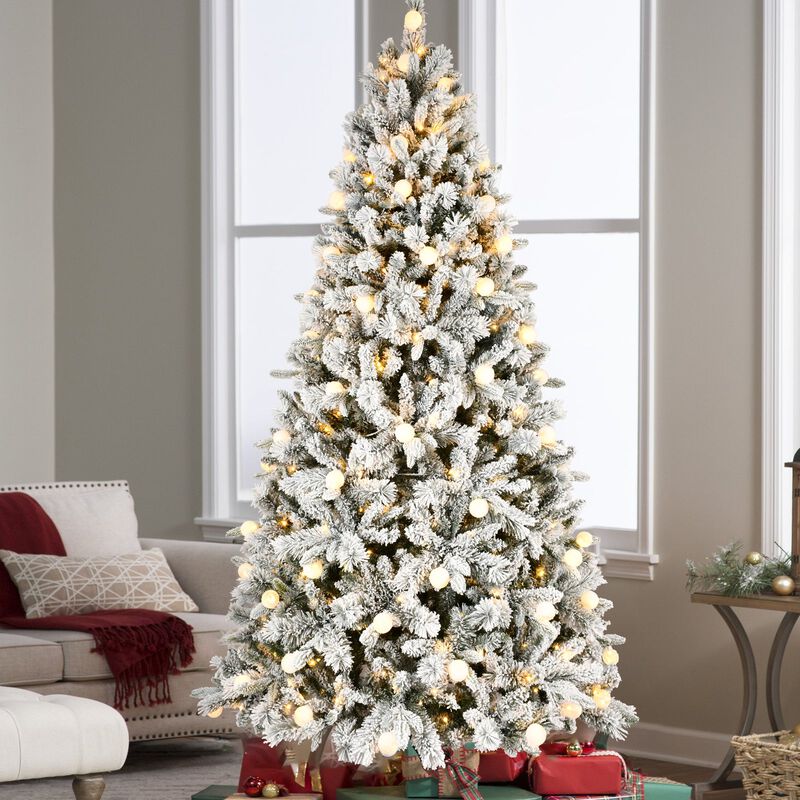 8 ft. Flocked Christmas Tree with LED Light 1793 Tips Memory Wire Hinged with Metal Stand