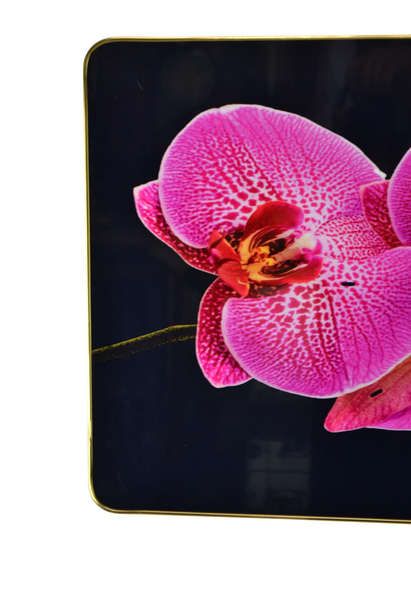 HomeRoots 24" Pink Black And Gold Solid Wood and Acrylic Silent Orchids Floral Wall Clock image number 2