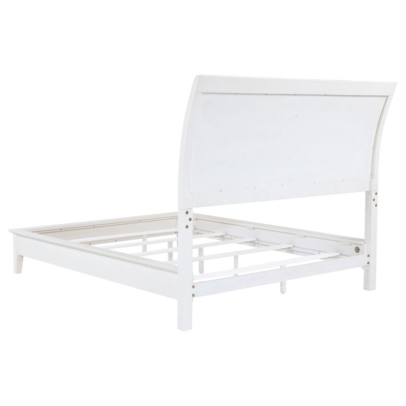 Heo King Size Bed, Sleigh Beige Upholstered Headboard, White Wood - Benzara
