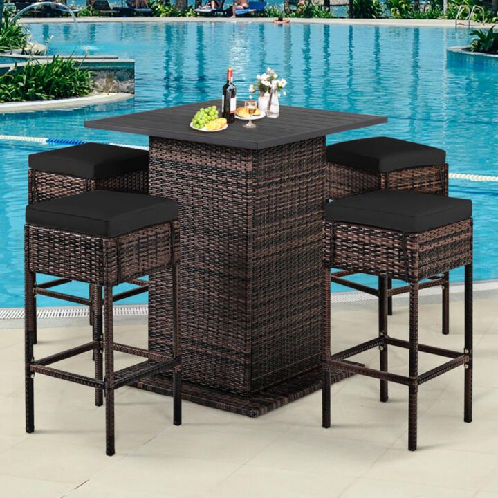 Hivvago 5 Pieces Patio Rattan Bar Furniture Set with Cushions and Hidden Storage Shelf