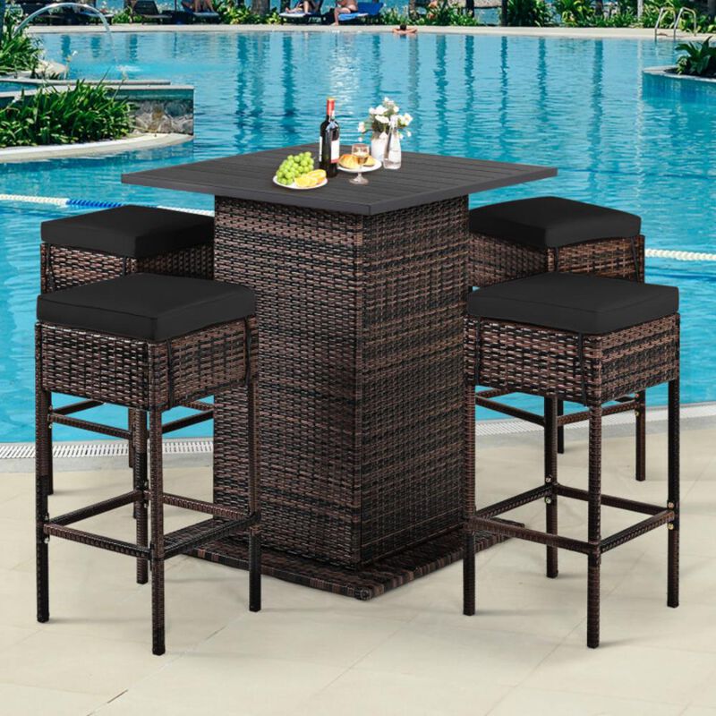 Hivvago 5 Pieces Patio Rattan Bar Furniture Set with Cushions and Hidden Storage Shelf