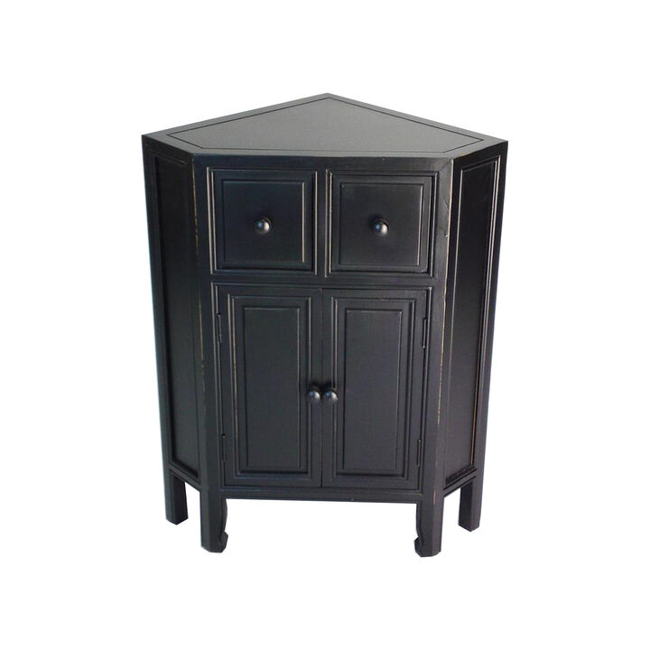 30 Inch Wooden 2 Door Corner Cabinet with 2 Drawers, Black - Benzara