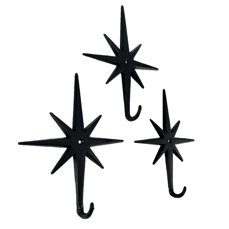 Set of 3 Cast Iron Atomic Starburst Wall Hooks &ndash; Mid-Century Modern Design, Black Finish, 9" High, 7.25" Long, Durable and Stylish for Organizing Coats, Hats, Keys, and More image number 0