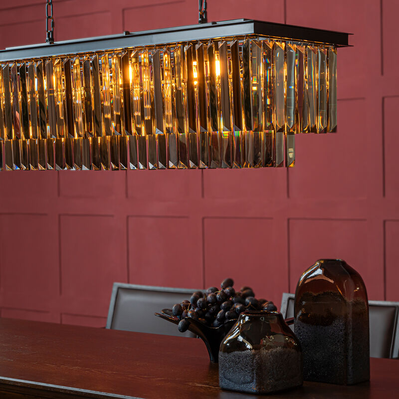 12-Light Modern Luxury Rectangular Fring Crystal Chandelier 49&rdquo; Black Linear Pendant Light with Smoked Crystals for Kitchen Island, Dining Room image number 5