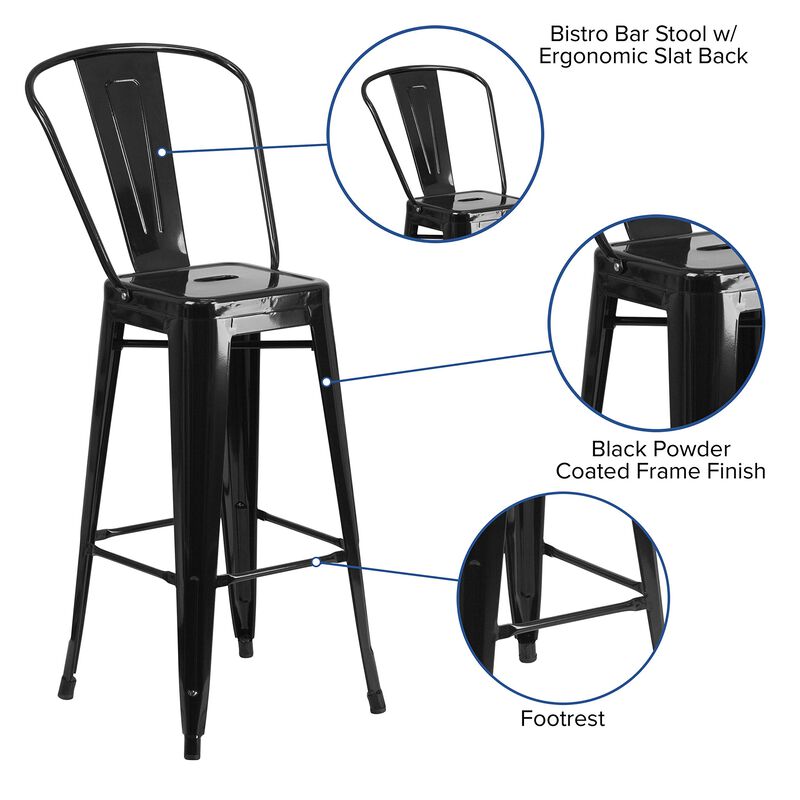 Flash Furniture Commercial Grade 30" High Black Metal Indoor-Outdoor Barstool with Removable Back