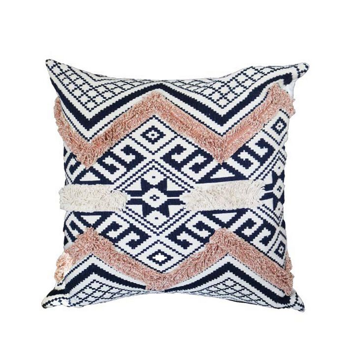 18 x 18 Handcrafted Square Jacquard Cotton Accent Throw Pillow, Geometric Tribal Pattern, Set of 2, White, Black, Beige-Benzara