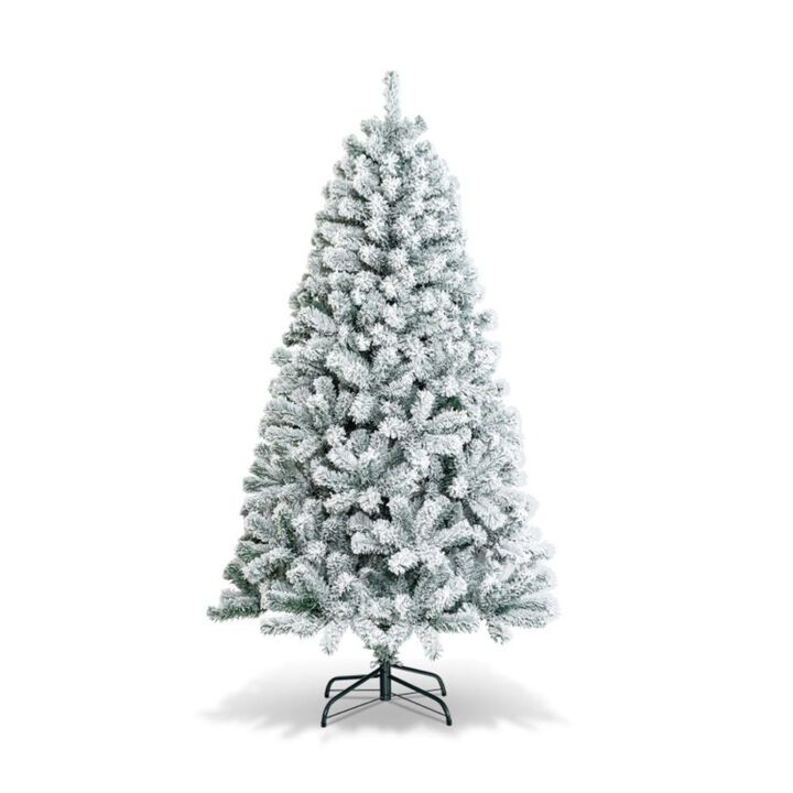 Hivvago 6/7.5/9 Feet Artificial Snow Flocked Hinged Christmas Tree with Metal Stand