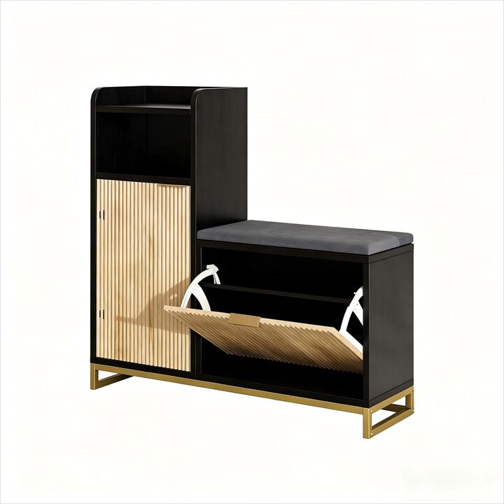 L-Shaped Shoe Storage Bench with Flip Drawer & Adjustable Shelves, 39" Entryway Bench with Thickened Padded Seat Cushion, Shoe Rack for Entryway
