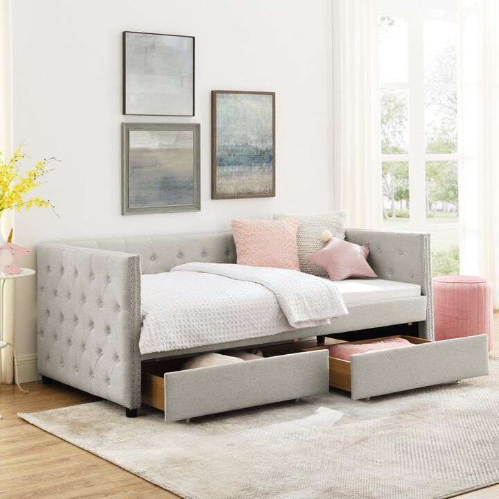 Hivvago Two Drawers Upholstered Tufted Twin Size Daybed with Nail Heads