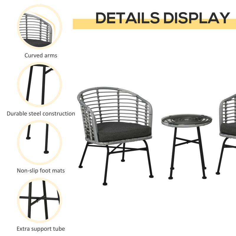 Grey 3 Pieces Patio PE Rattan Bistro Set, Outdoor Round Wicker Woven Coffee Set, 2 Chairs & 1 Coffee Table Conversation Furniture Set, for Garden