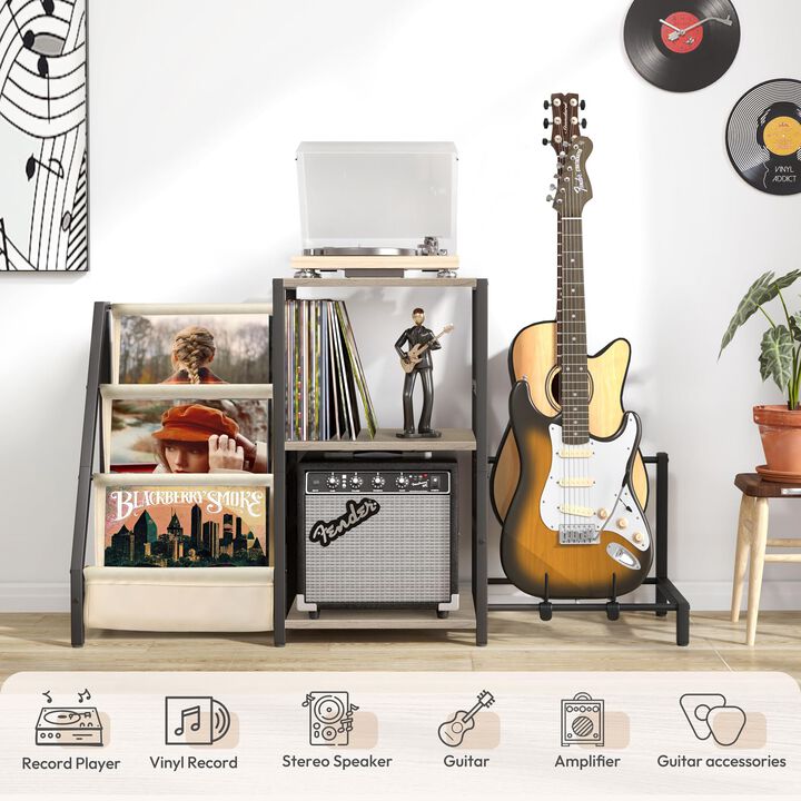 Bikoney Record Player Stand, Guitar Stand for Acoustic, Electric Guitar, Bass with Amp Stand, 3-Tier Vinyl Record Storage, Recor