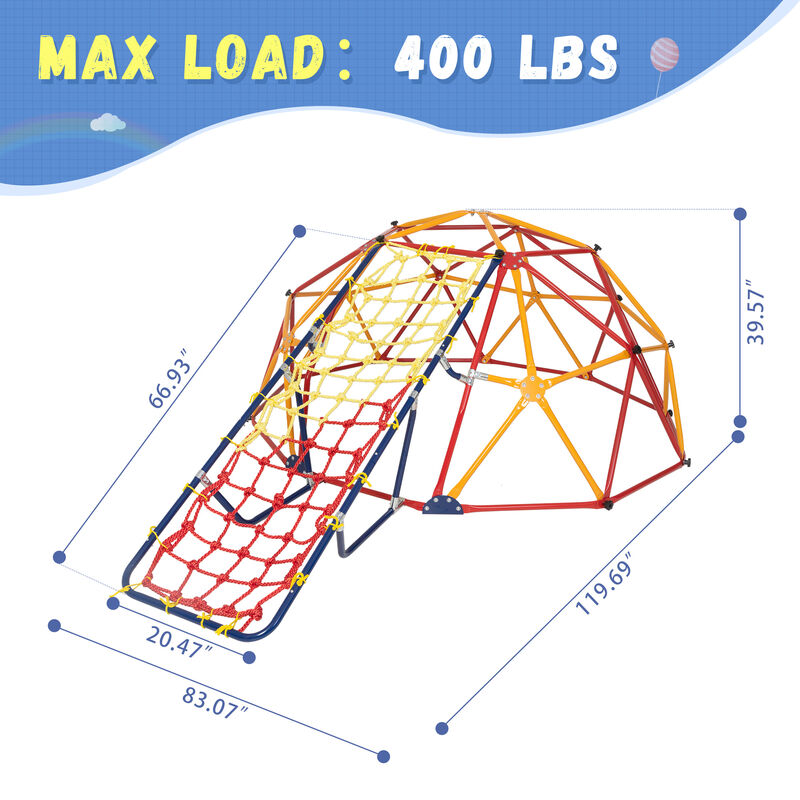 Outdoor Geometric Dome Climber with Climbing Cargo Net, 7FT Kids Playground Climbing Frame Backyard Jungle Gym for Kids Aged 3 to 8, Red and Yellow