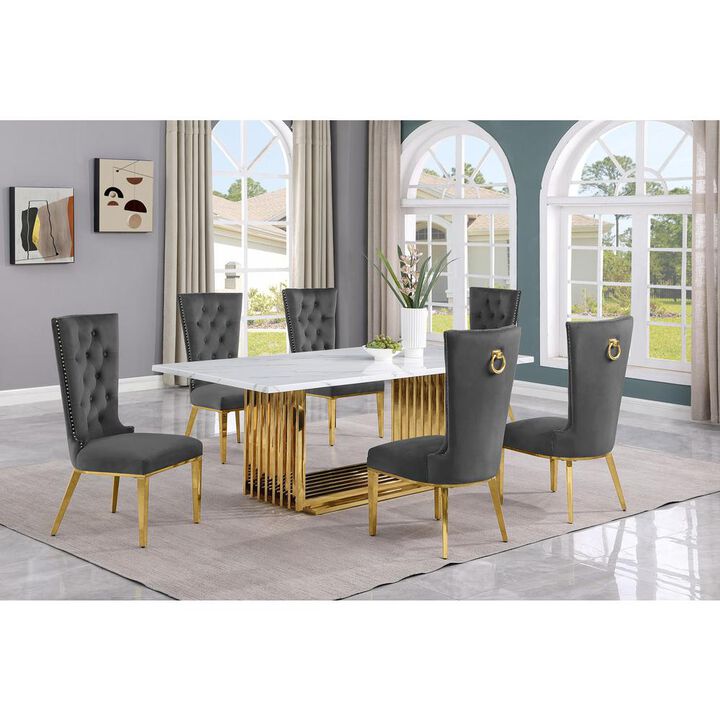 7pc Large(79") marble top dining set with gold base and 6 Dark grey side chairs