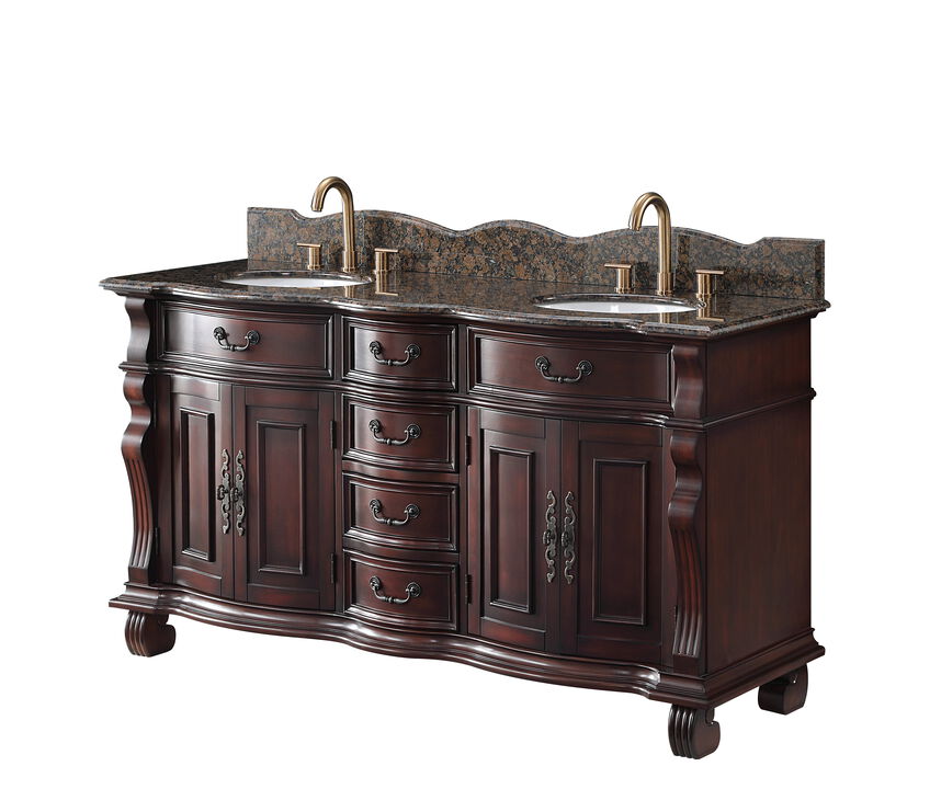 64 Inch Traditional Style Cherry Wood Hopkinton Double Sink Bathroom Vanity