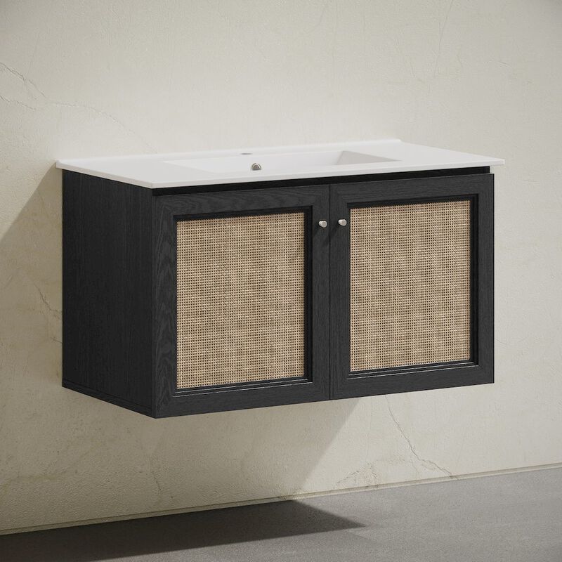 36" Wall-Mounted Bathroom Vanity in Black Oak with Single Faucet Hole Vanity Top image number 5
