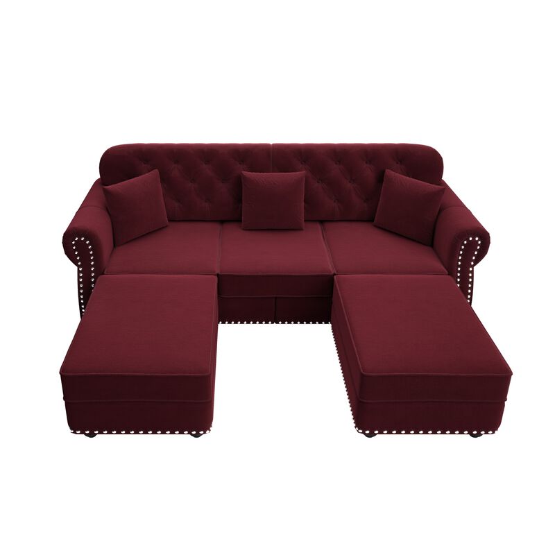 Whisen 3 Seat Velvet Upholstered Sectionals with 2 Ottomans, Nailhead Trim, Mid-Century Modern, for Living Room image number 0