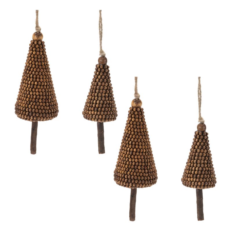 Wooden Pine Tree Ornaments with Beads, Set of 4 for Christmas Tree Styling