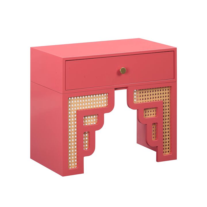 Casafoyer Suzie Coral Pink & Rattan Nightstand