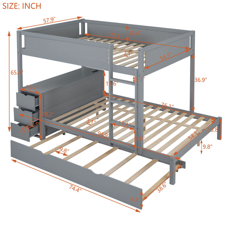 Whisen Full-Over-Full Bunk Bed with Trundle Desk Drawers, Solid Wood for Bedroom Kids image number 9