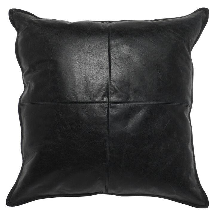 Norm 22 Inch Square Leather Decorative Throw Pillow, Stitched, Black-Benzara