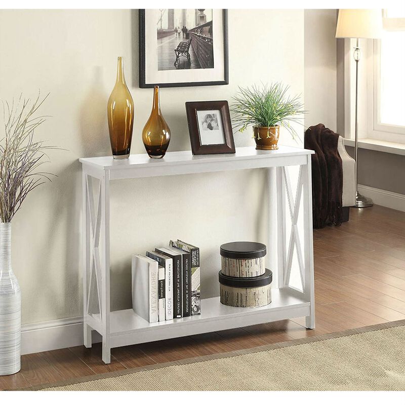 QuikFurn White Wood Console Sofa Table with Bottom Storage Shelf image number 2