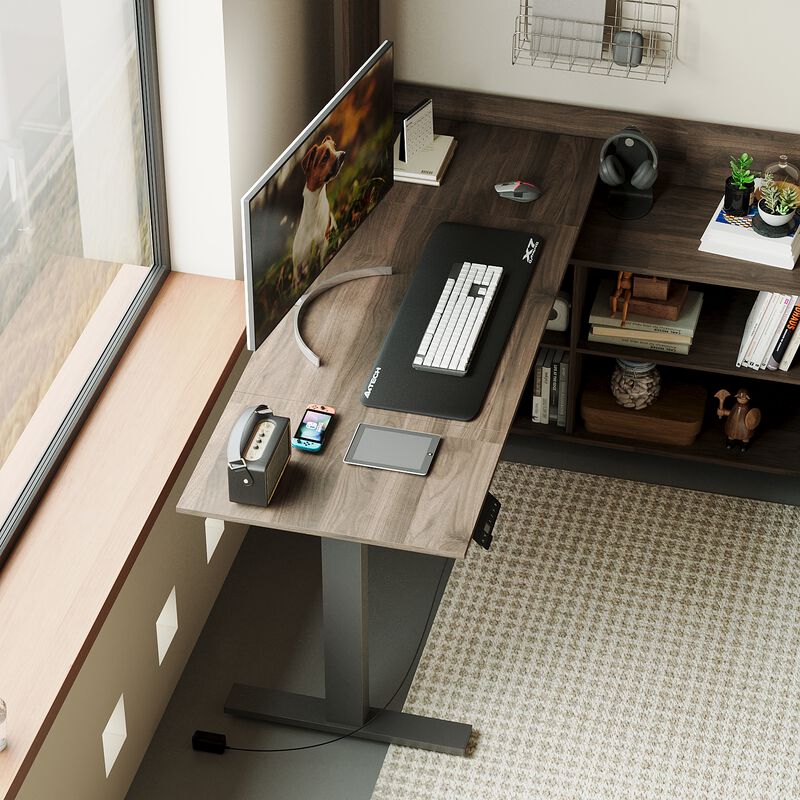 FUFU&GAGA L-Shaped Standing Desk with Hutch &ndash; Adjustable Height Computer Desk with Storage Drawers & Shelves, (63" W x 68.3" H x 63" D), Rustic Brown image number 6