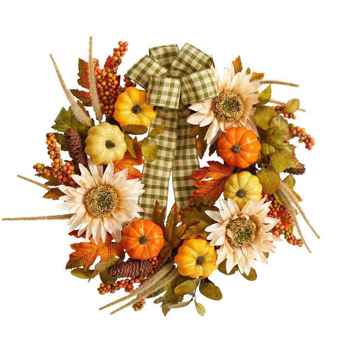Nearly Natural 24-in Fall Pumpkin, Sunflower Artificial Autumn Wreath with Decorative Ribbon