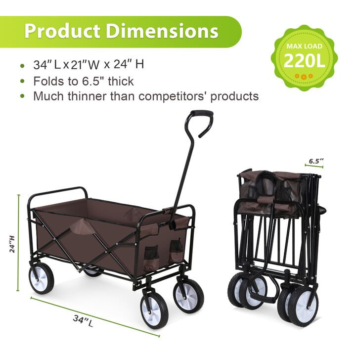 Rolling Collapsible Garden Cart Camping Wagon, with 360 Degree Swivel Wheels & Adjustable Handle, 220lbs Weight Capacity, Brown