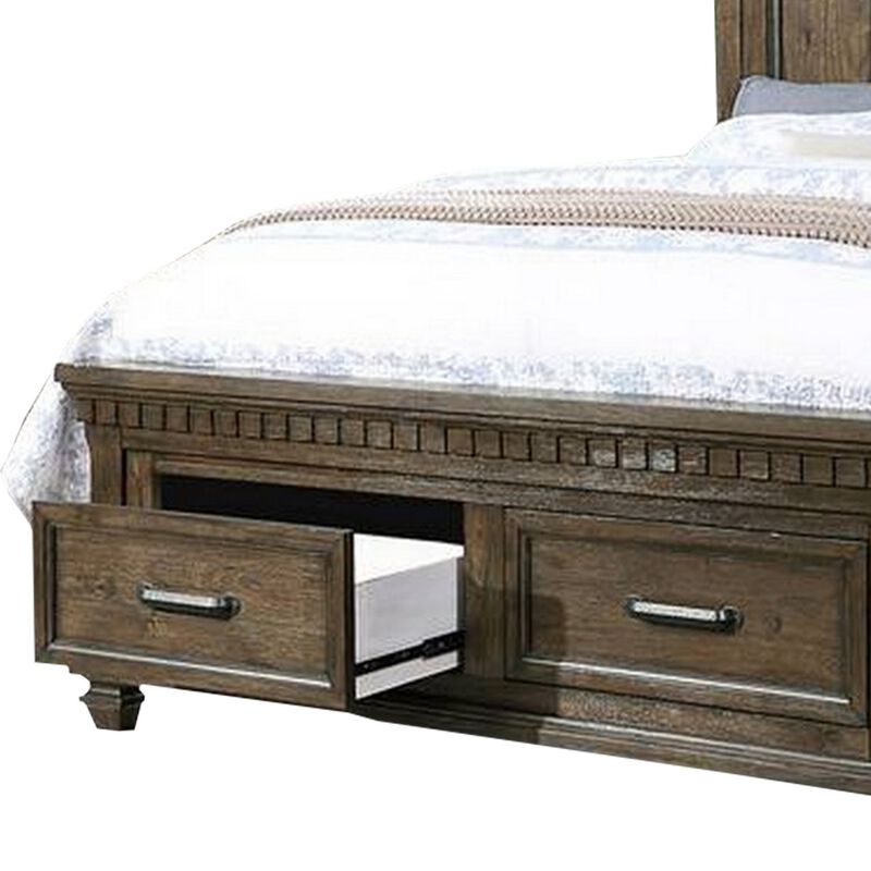 Ziv Classic California King Bed with Storage Drawers, Metal Handles, Brown - Benzara