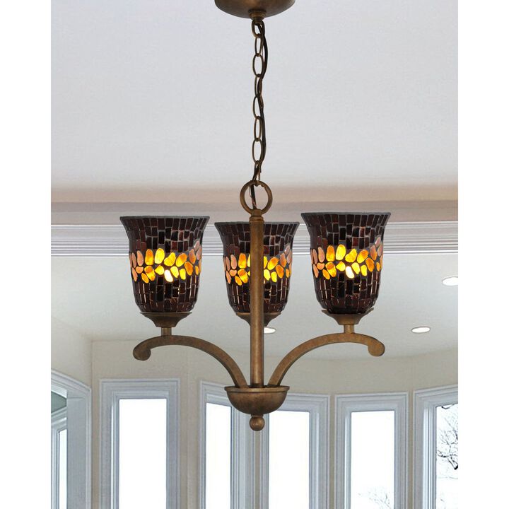 17.5" Amber and Brown Shell Contemporary Mosaic 3-Light Glass Chandelier