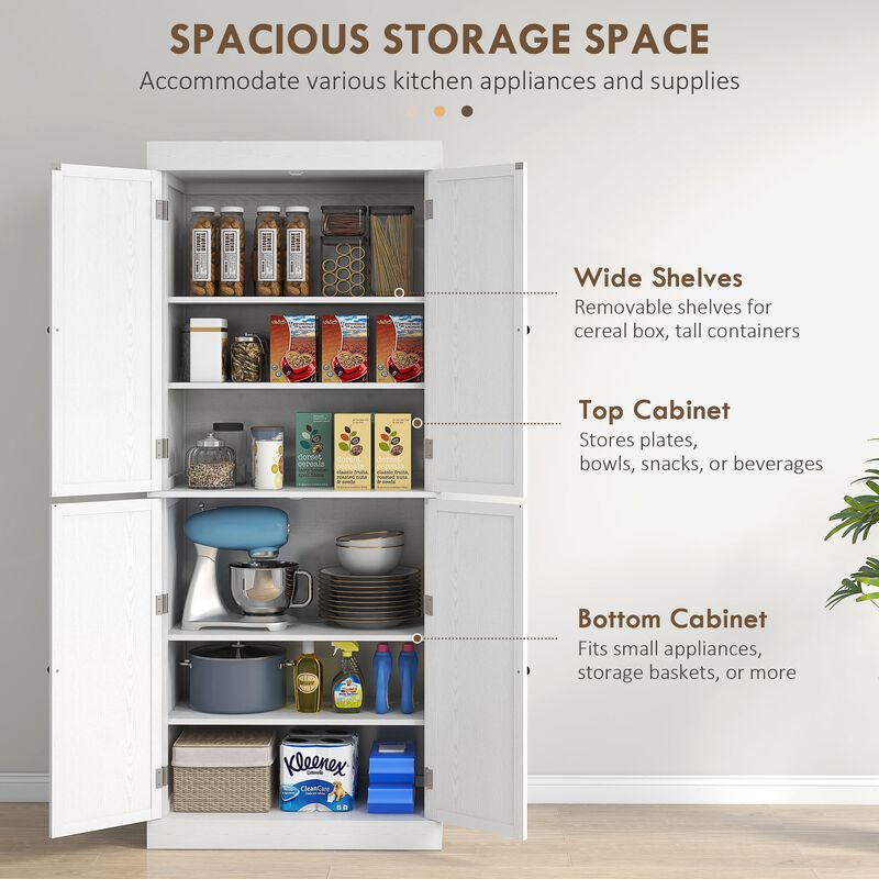 72" White Elegant Kitchen Pantry: Doors, Shelves, Storage