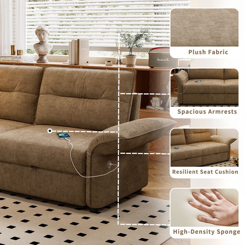 Convertible sleeper sofa bed, Plush fabric pull out futon with USB charging ports, 85 inch sofa bed for small spaces image number 8