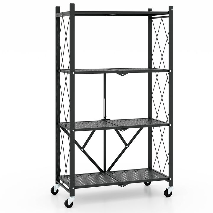 4-Tier Foldable Storage Shelf Collapsible Storage Rack with Lockable Wheels