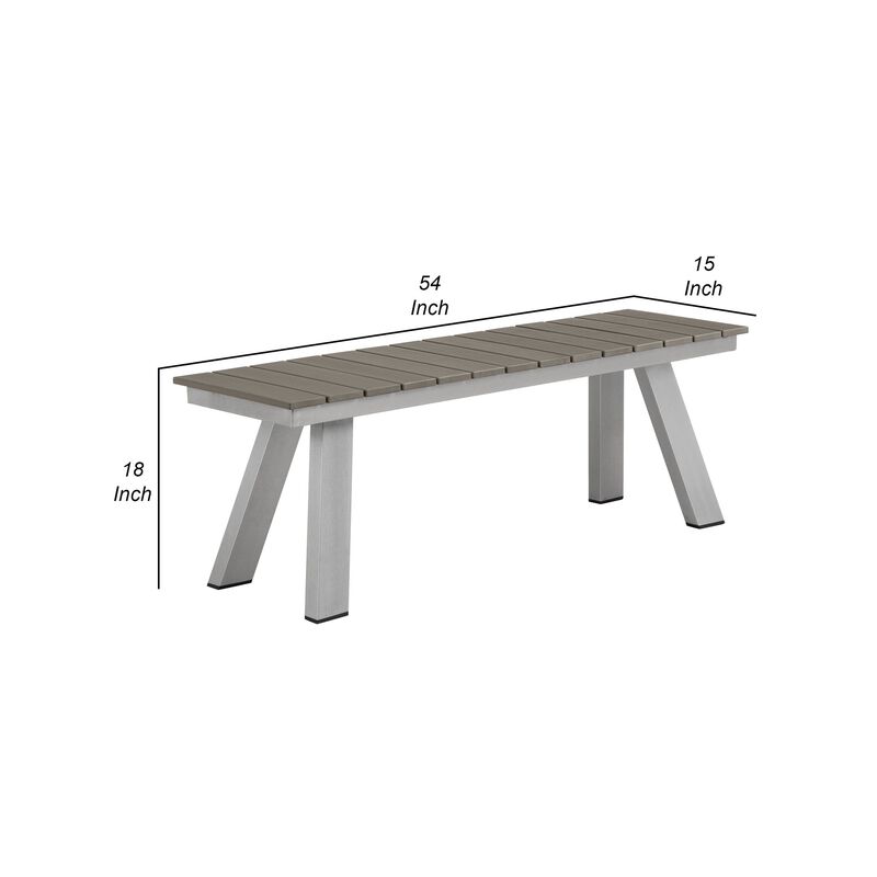 Zia 54 Inch Outdoor Dining Bench, Gray Polyresin Top, Gray Aluminum Frame-Benzara