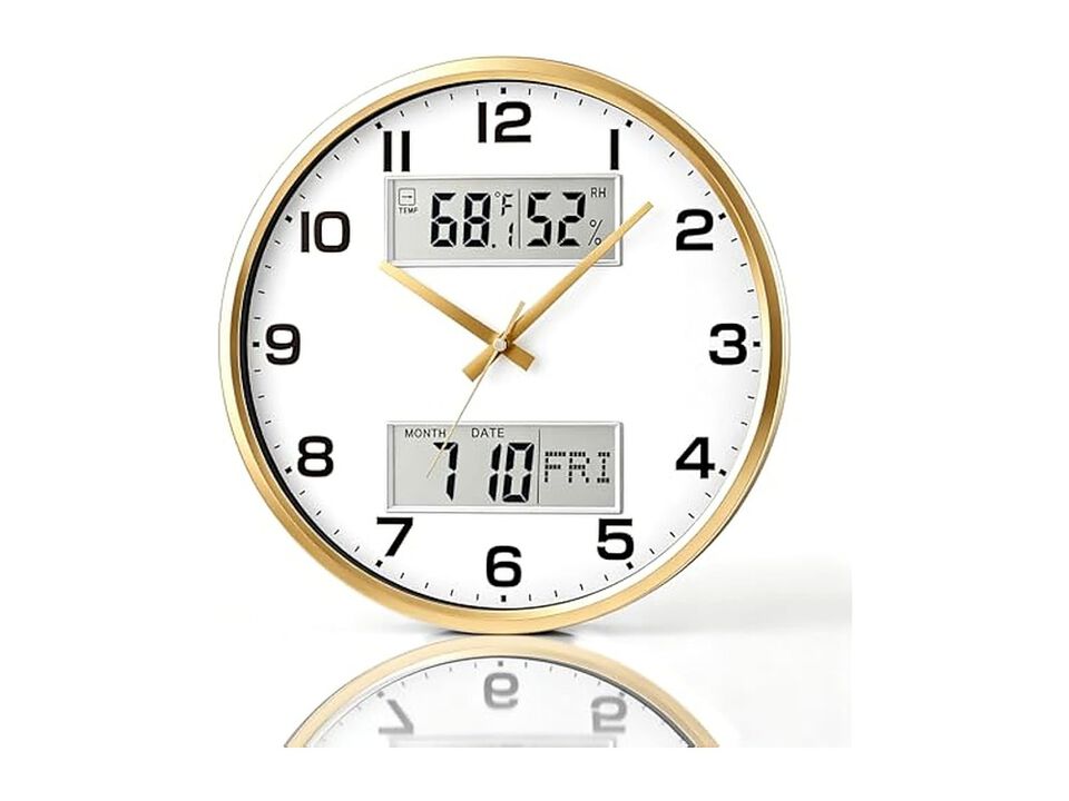 Gold Calendar Temperature Humidity Wall Clock 13 Inch Silent Battery Operated