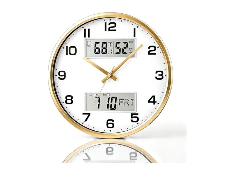 Gold Calendar Temperature Humidity Wall Clock 13 Inch Silent Battery Operated image number 0