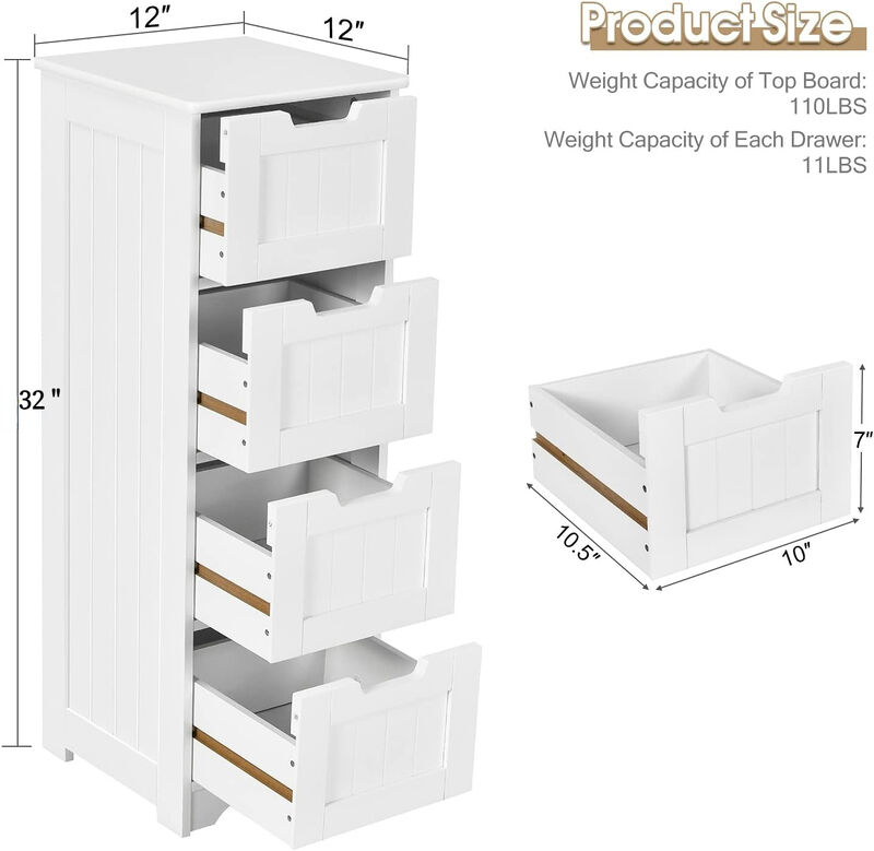 Costway Bathroom Floor Cabinet Free-Standing Side Storage Organizer w/ 4 Drawers