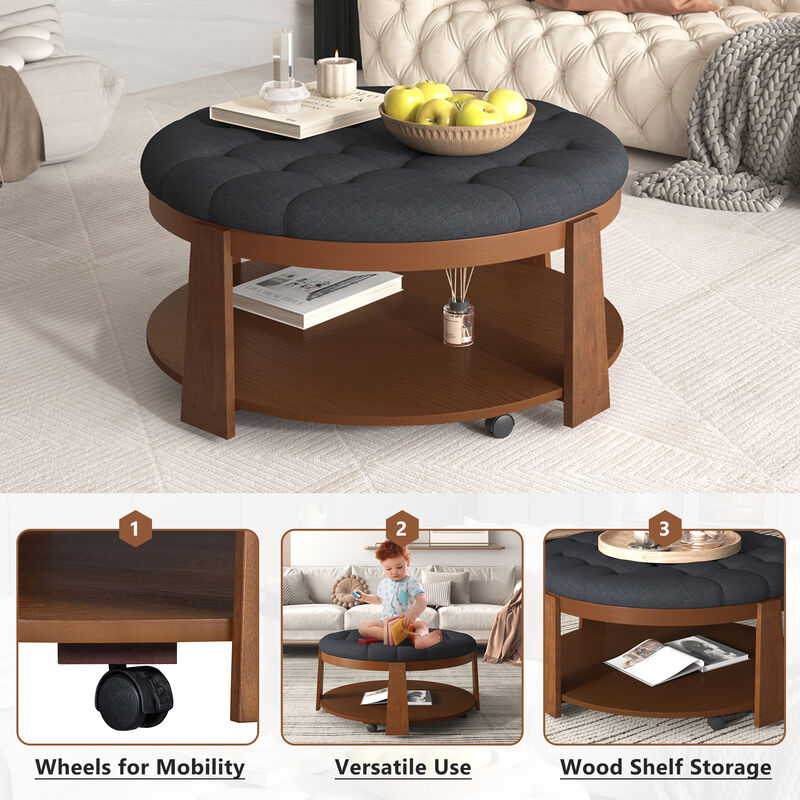 Merax 2-Tier Round Ottoman Coffee Table with Wheels
