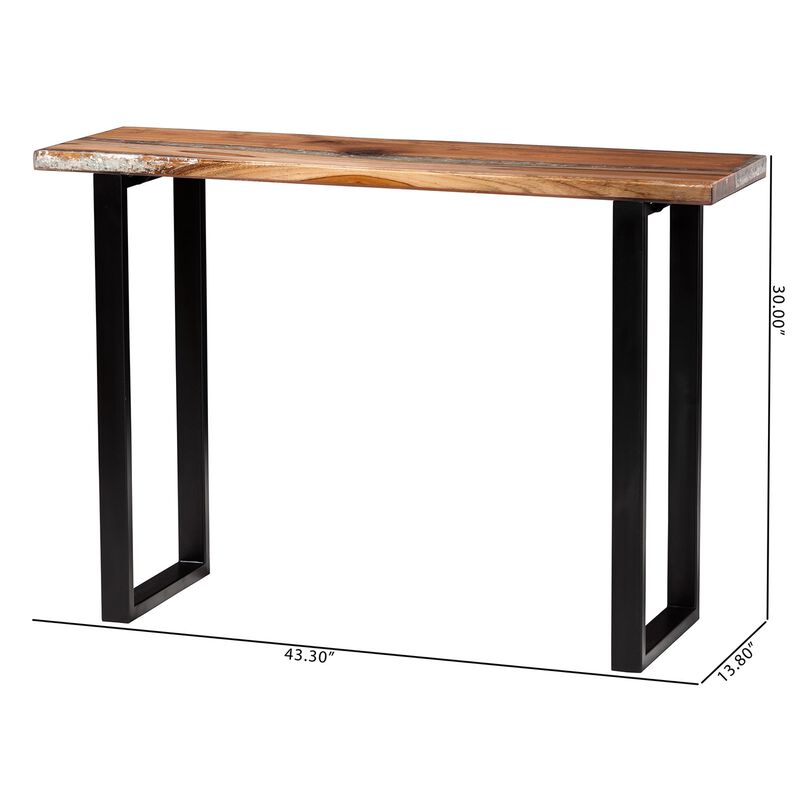 bali & pari Apio Wood Epoxy Resin Console Table with Glass Inlay - Rectangular Live Edge Teak Wood Accent Table with Black Metal Base, Modern Rustic Furniture for Living Room or Entryway image number 7