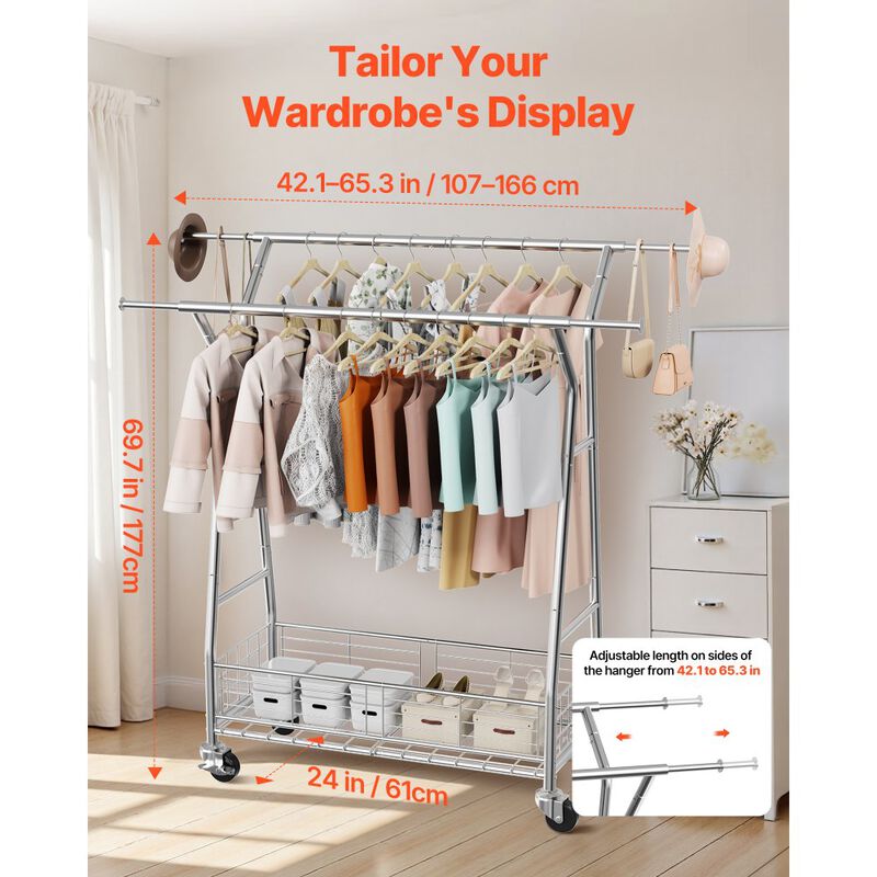 Heavy Duty Clothes Rack with Wheels Double Rods and Storage Basket image number 2