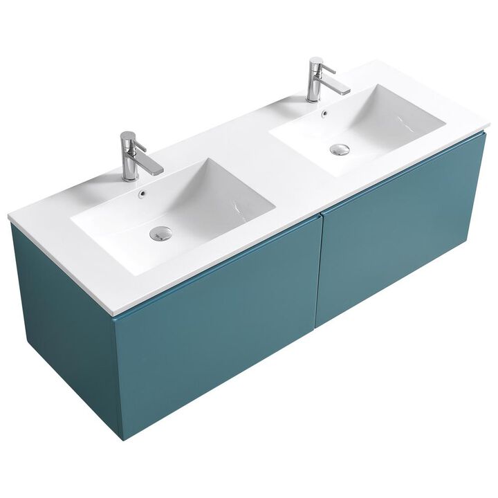 Kubebath Balli 60'' Double Sink Wall Mount Modern Bathroom Vanity in Teal Green Finish