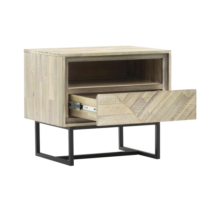 Rexi 24 Inch Modern Nightstand, Drawer, Shelf, Metal Base, Natural Brown-Benzara