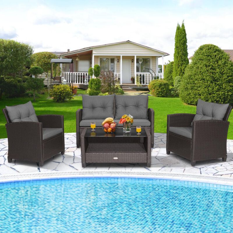 Hivvago 4 Pieces Patio Rattan Conversation Furniture Set with Glass Top Coffee Table
