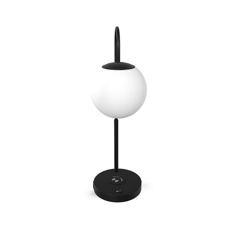 24 Inch Desk Lamp, White Globe Shade, Round Base, USB Port, Black Metal - Benzara